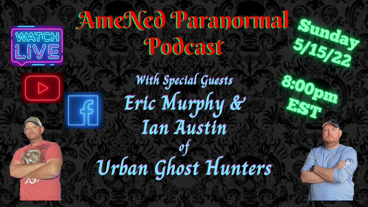 Tonight at 8pm EST I am interviewing Urban Ghost Hunters!!  Looking forward to seeing everyone there!!
AmeNed Paranormal Facebook page:
facebook.com/amenedparanorm…
AmeNed Paranormal YouTube channel:
youtube.com/channel/UCxxt6…