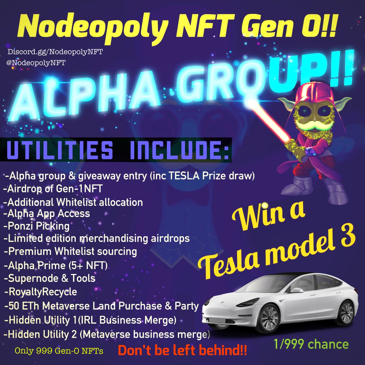 NodeopolyNFT's tweet photo. #NFTGiveaway coming tomorrow (Over $1k)
Insane #NFTCommunity forming within Discord! 
Exclusive #ALPHA group you do not want to miss
#Tesla #Giveaway on reveal! (Only 999 NFTs)

Exclusive giveaways in Discord
#Giveaways #CryptoGiveaway #NFTUtility #NFTUtilities #WhitelistGiveaway https://t.co/UIl9bPD2fR