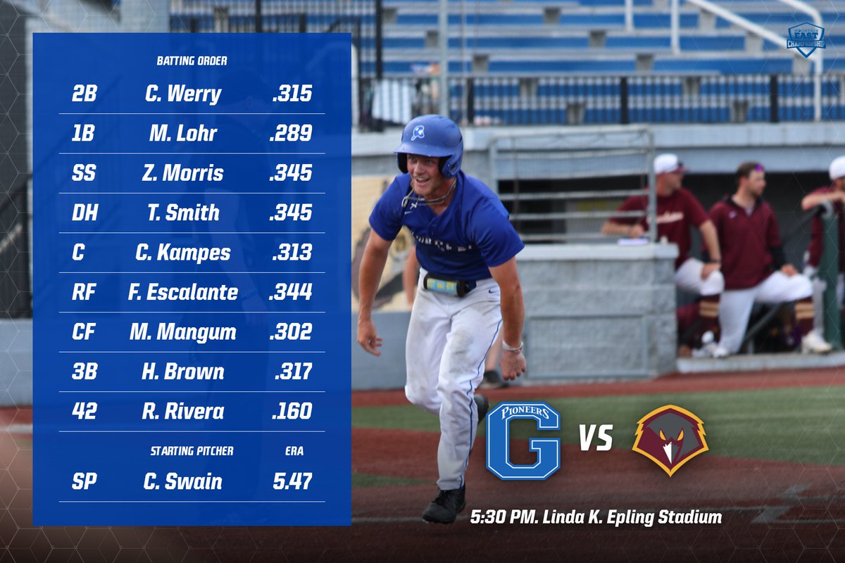 GSUpioneers's tweet photo. The Pioneers will start Chase Swain on the mound for game two of the MEC Baseball Championship. #LetsGoPioneers #GSUBaseball #ChampionshipSunday #D2BB #Starting9 https://t.co/wd8fq0NCDs