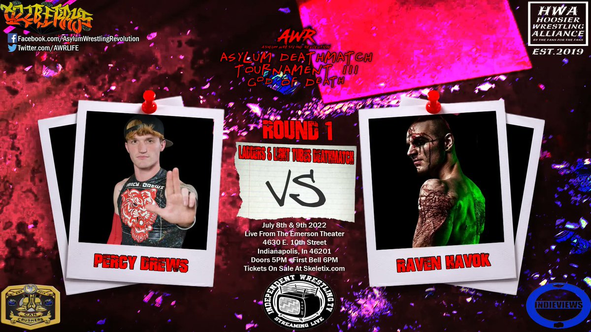 AWRLIFE's tweet photo. #AWR #ADT3 #GodOfDeath #July8thAnd9th #TheEmersonTheater #TillberryVape #HoosierWrestlingAlliance #CanCrushersWrestlingPodcast #IndieViews #PercyDrewsVsRavenHavok #Round1 #LightTubesAndLaddersDeathmatch https://t.co/Ag1vzhiYcc