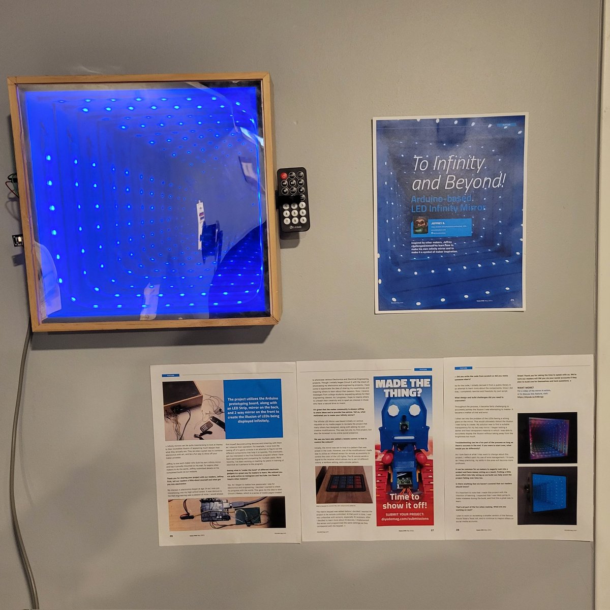 circuitemakes's tweet photo. My @diyodemag Feature from one year ago. The article mentioned, "he has his mirror proudly mounted on his wall." Now the article is on the wall with it!

DIYODE [Issue 46]

- Arduino based infinity illusion mirror https://t.co/lEiUnhqnDv