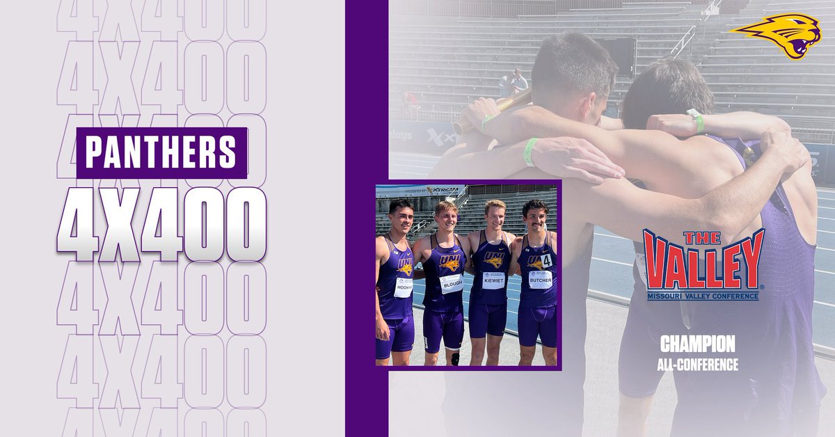 UNITrackFieldXC's tweet photo. Panthers Tate Hookham, Connor Blough, Parker Kiewiet and Zack Butcher combine for a time of 3:09.69 to take the #MVCtf 4x400 title. Champions! #EverLoyal https://t.co/BoxB00duW0