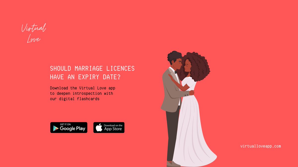 Should marriage licenses have an expiry date?

Download the Virtual Love app to deepen introspection with our digital flashcards

#virtualloveapp #appstore #iOS #iPhone #GooglePlay #android #appdownload #marriage #blacklove