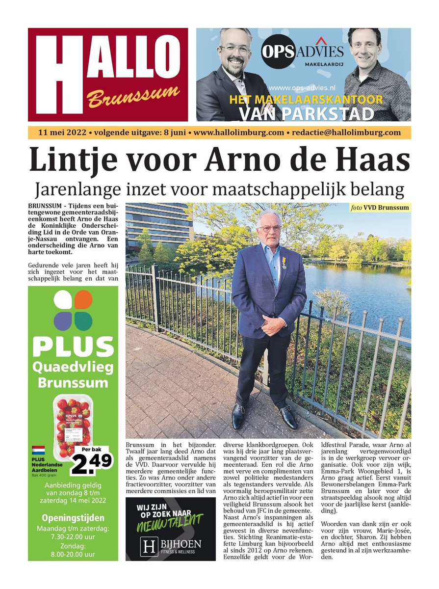 vvdbrunssum's tweet photo. Arno de Haas is afgelopen week in het zonnetje gezet in Hallo Brunssum voor het ontvangen van zijn Koninklijke onderscheiding 🎖

Wij feliciteren Arno nogmaals van harte met zijn Koninklijke onderscheiding.
Dik verdiend!!👍👏 @A_de_Haas

#Brunssum #VVD #samenvooruit💪 https://t.co/H8EGRFMBah