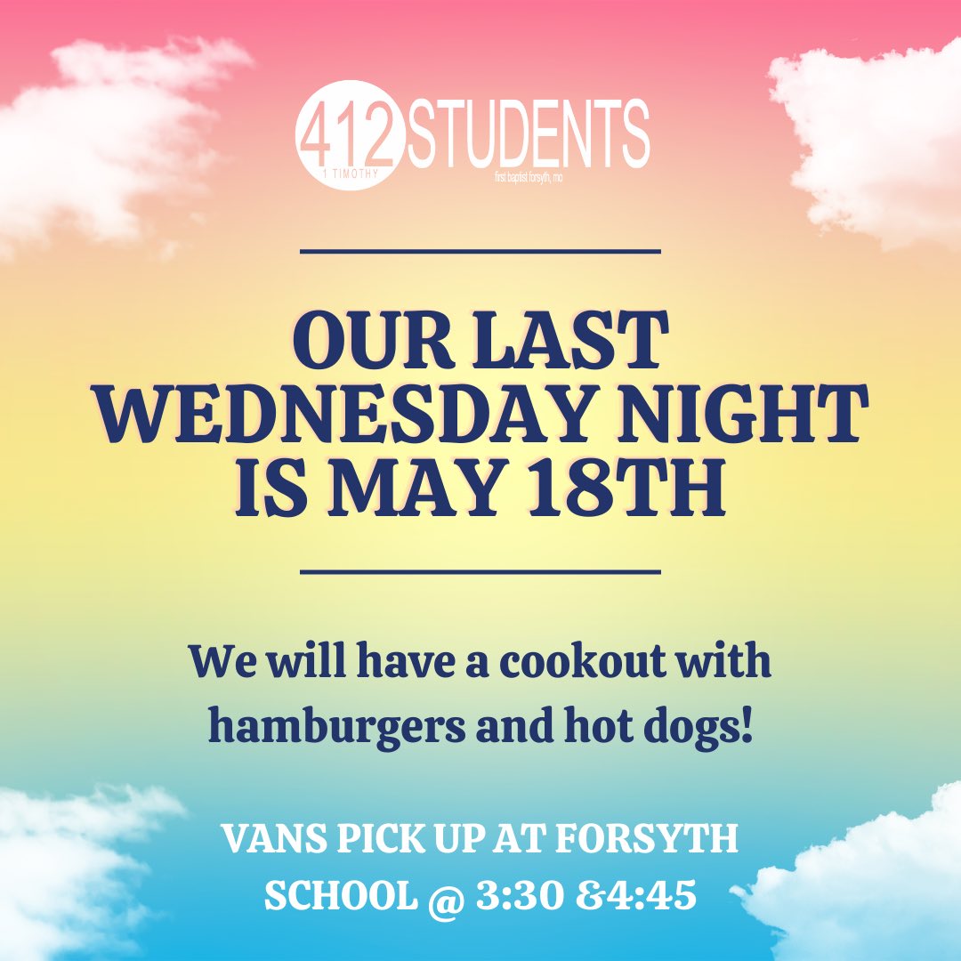 412FBCStudents's tweet photo. This Wednesday is our last Wednesday night of the school year! Check out our summer calendar to join us for some fun summer activities! We will resume Wednesday night youth group August 31st! #412forsyth https://t.co/jBSkqbXbRA