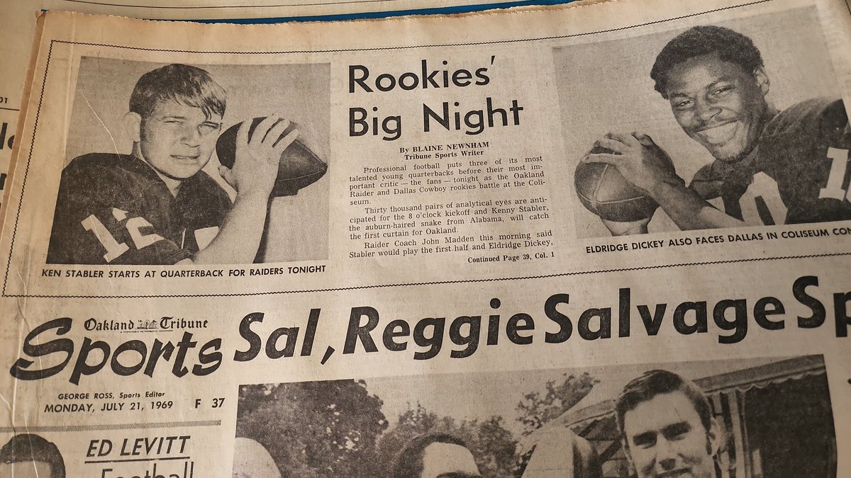 OGOrlandoJones's tweet photo. Digging through old boxes.. Found the newspaper from Ken Stabler getting the call! #RaiderNation #throwwayback 1969! https://t.co/9UT5sfYlkt