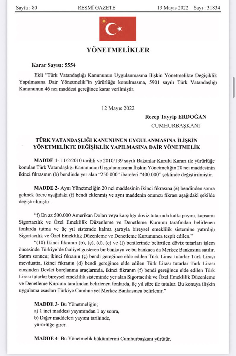 5554 karar sayılı Cumhurbaşkanlığı Kararnamesi ile en az 500.000 $ #BES (min. 3 yıl katılım süresi) ile vatandaşlık verilmesi resmen başlamış oldu. Bakalım #bireyselemeklilik tarafına nasıl yansıyacak. #sigorta

👇
resmigazete.gov.tr/eskiler/2022/0…