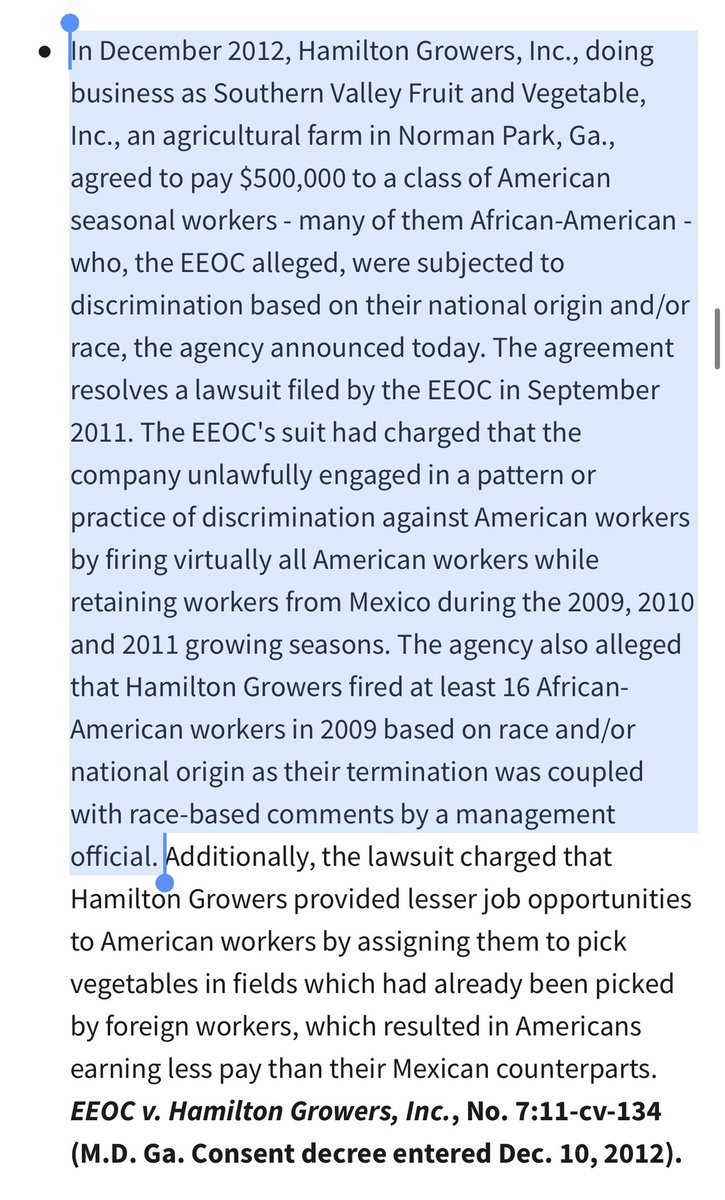 guang_lie's tweet photo. 🤬🤬🤬

You know that racist lie that “liberals” parrot about illegal immigrants doing jobs that “Blacks” don’t want to do? 🤬 Well, read this EEOC lawsuit describing the kind of discrimination encountered by African Americans vegetable and fruit pickers: https://t.co/VIzyIlmjdh