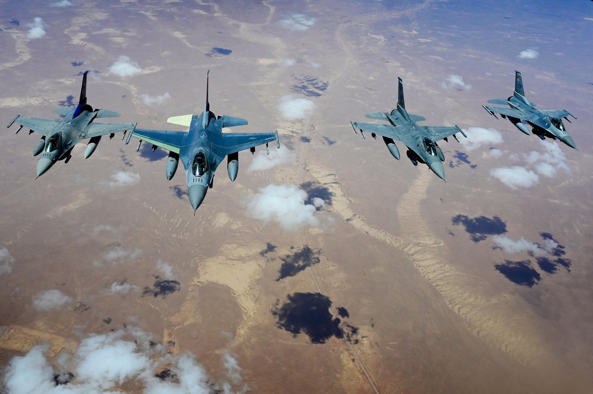 Department of Defense 🇺🇸 (@deptofdefense) on Twitter photo Airpower on display.
F-16 Fighting Falcons assigned to the <a href="/usairforce/">U.S. Air Force</a>’s 55th Expeditionary Fighter Squadron fly in the <a href="/USAFCENT/">U.S. Air Forces Central</a> area of responsibility. Airpower on display.
F-16 Fighting Falcons assigned to the <a href="/usairforce/">U.S. Air Force</a>’s 55th Expeditionary Fighter Squadron fly in the <a href="/USAFCENT/">U.S. Air Forces Central</a> area of responsibility.