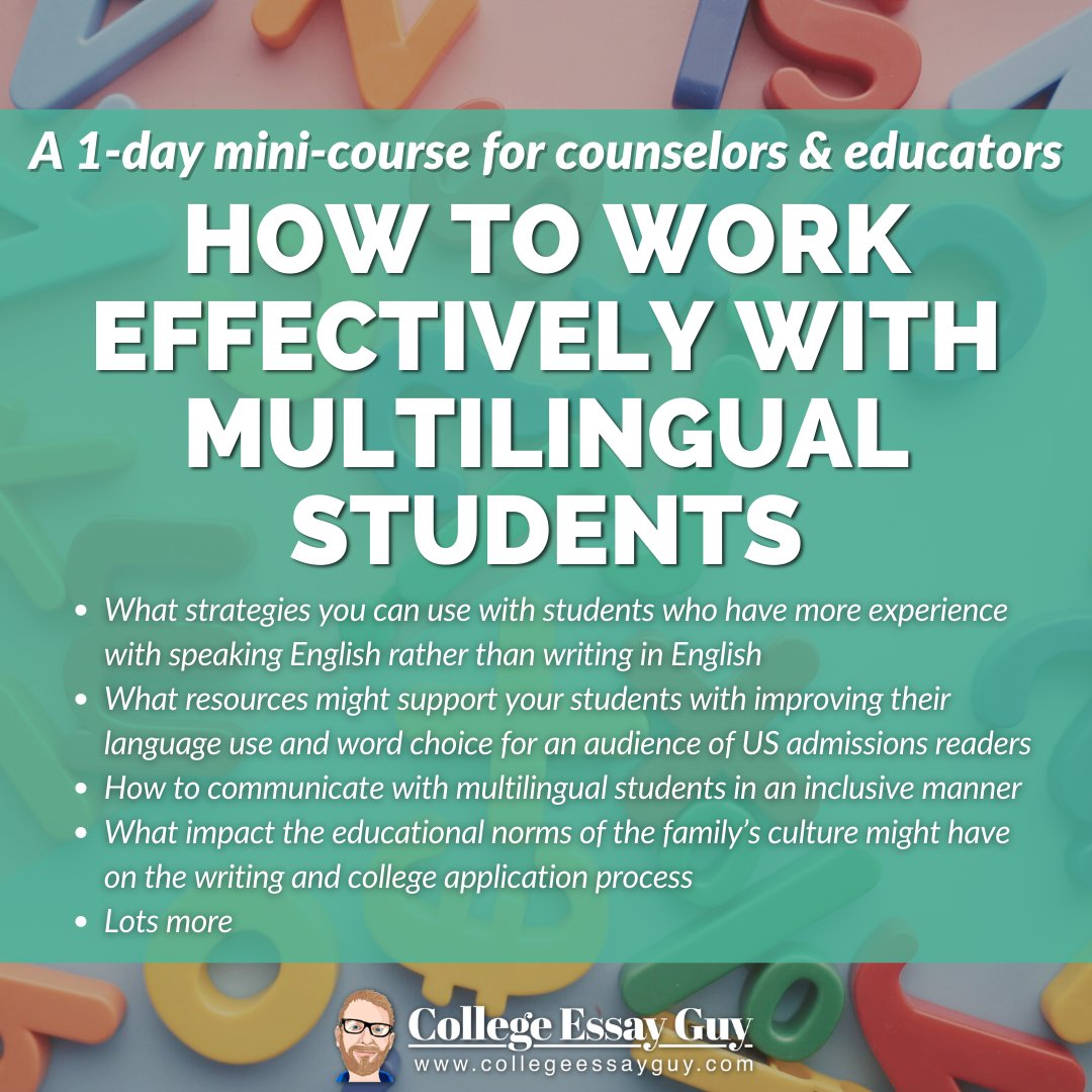 gradesfixer2020's tweet photo. 📣 [How to Work Effectively with Multilingual Students:
A Mini-Course for College Counselors &amp; Educators]

📅 Saturday, May 21
@ 10am-12:30pm PT (1pm-3:30pm ET)

Led by Rene Caputo, the ESL specialist for Duke’s writing program.

🎟 Save your seat: … https://t.co/CkUbbYzIKc