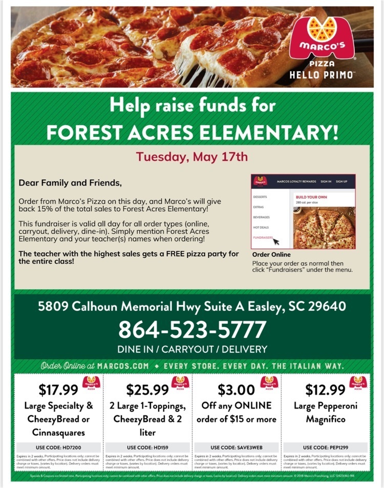 ForestAcresElem's tweet photo. 🗓Join us for FAE Spirit Night Tuesday, May 17th. Mention @forestacreselementary when purchasing. The class with the highest sales get a FREE Pizza Party 🍕#FAExcellence https://t.co/hsW2dp9qK4