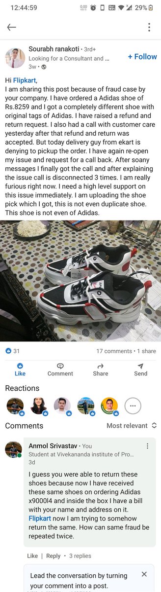 anmol7388's tweet photo. @flipkartsupport ordered adidas shoes &amp; received different product.Flipkart team never contacted &amp; after delay they cancelled the return request w/o any cogent reason.Was able to track the previous customer who was delivered these shoes before me.same fraud twice @CimGOI https://t.co/mguqM1Cm7g