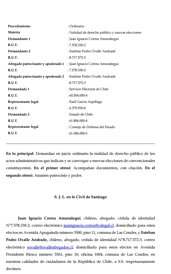 ATENCION !!! TRIBUNAL ACOGE A TRAMITE LA DEMANDA DE NULIDAD DE LA CONVENCION POR EL TEMA DE LOS 17 ESCAÑOS RESERVADOS . LOS DEMANDADOS SON EL SERVEL Y EL ESTADO DE CHILE. PATROCINANTES LOS ABOGADOS ESTEBAN OVALLE Y JUAN IGNACIO CORREA .🇨🇱👏👏👏