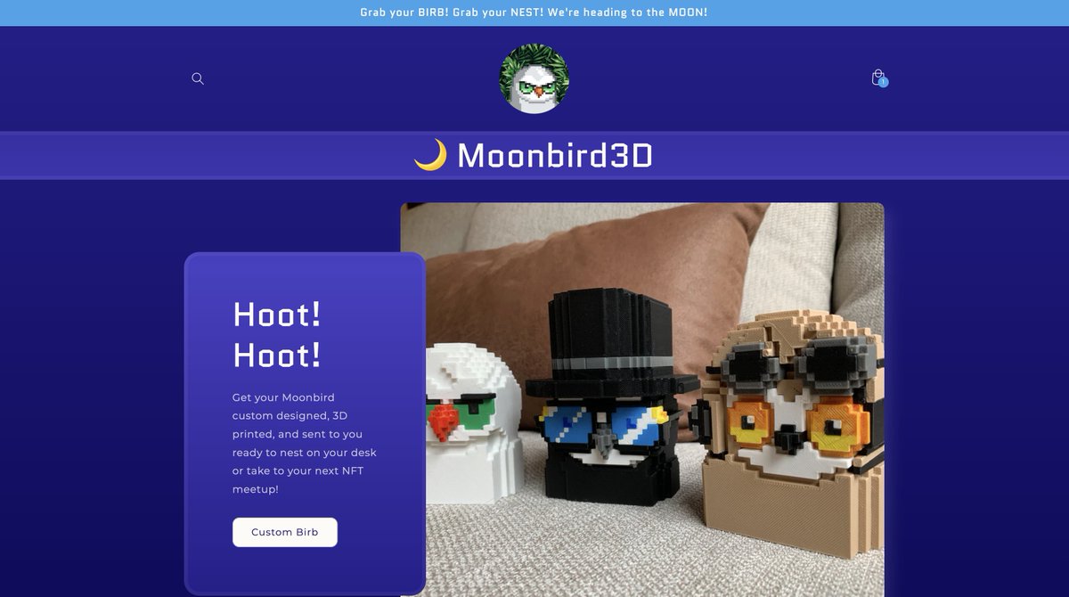 plantHER0's tweet photo. CUSTOM 3D PRINTED MOONBIRDS!? Hoot Hoot @moonbirds fam! Grab your BIRB! Grab your NEST! We're heading to the MOON! SO stoked the Moonbird3D shop is live! Get your Moonbird custom designed, 3D printed, and sent to you ready to nest IRL or take to your next NFT meetup! @kevinrose https://t.co/NwgiutTzxV