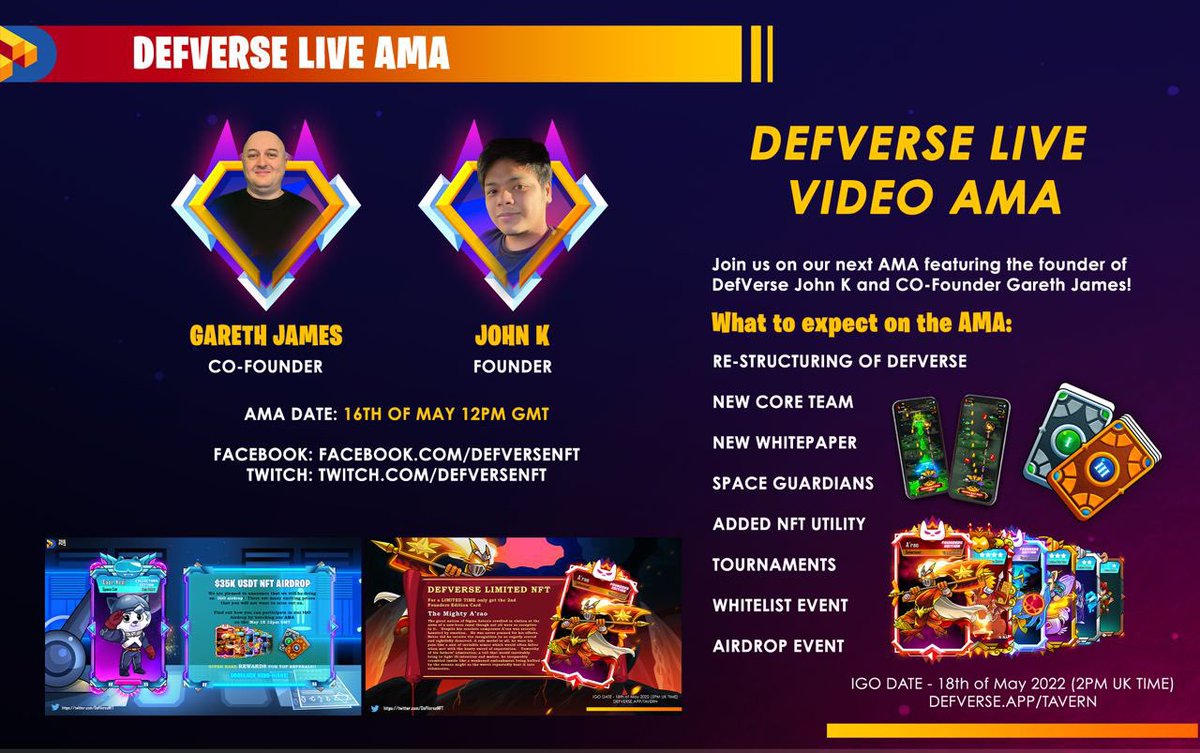 DefVerseNFT's tweet photo. DEFVERSE LIVE STREAM AMA

We're offering you an opportunity to ask the founders, John K and Gareth J, any question that you have about the project

Twitch:  https://t.co/vEHIUVvhoa
Facebook:  https://t.co/XpHmQxpRDO

Monday 16 May @ 12pm GMT (7pm PHT)

#NFTProject #nft #defverse https://t.co/FHbpSbrutz