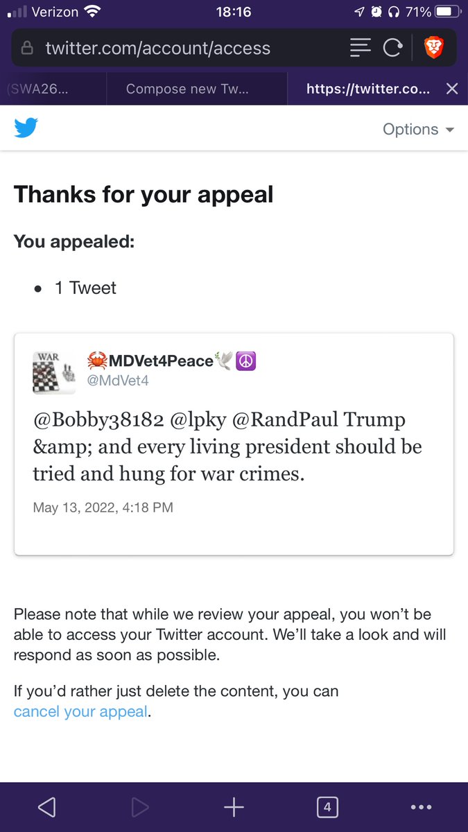 LPMisesVeteran's tweet photo. It seems it was not a 3 day suspension
The twitter #censors wont restore @Mdvet4 unless this tweet is deleted, so I guess that account is kaput.
#helpmefindmyfriends
#sicsempertyranus
#censsorship
#twittercensorship https://t.co/PrPDxnn0QZ