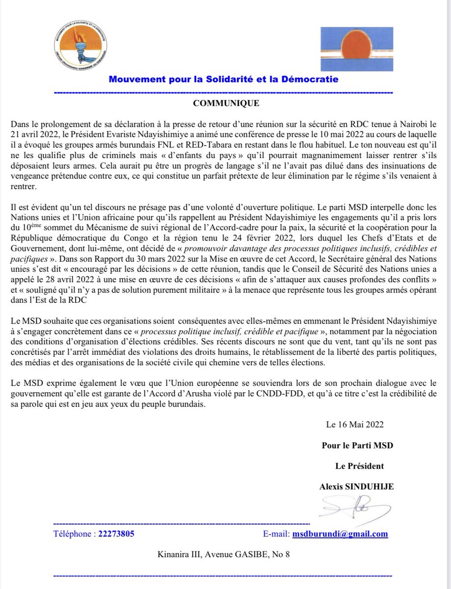 MsdBurundi's tweet photo. #Communiqué - Le parti @MsdBurundi souligne que, tant que @GeneralNeva ne s'engage pas concrètement dans un “processus politique inclusif,  crédible &amp; pacifique”, ses récents discours ne sont que du vent.
#Burundi
@AUC_MoussaFaki
@antonioguterres
@Europe2022FR
@POTUS
@UEauBurundi https://t.co/qypCFKyOUr