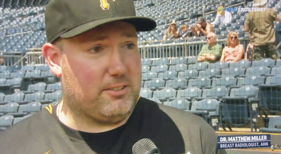 MattJMillerMD's tweet photo. Thanks to the @Pirates for hosting Breast Cancer Awareness Day. Catching the first pitch from the daughter of a survivor was an honor.
Thanks also to Robbie & @attsportsnetpit for providing a platform to discuss breast health.
@AHNtoday @AHNImaging #endtheconfusion #startat40 https://t.co/IEIpY24yCX