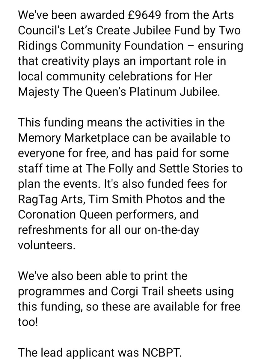 hkdukes_murray's tweet photo. Great news for Settle. Come and join in our Jubilee Celebrations. #artscouncilengland #PlatinumJubilee #JubileeCelebration #settlevictoriahall #settlestories @dalesradiouk @MuseumFolly https://t.co/Zj1TE1PQ81