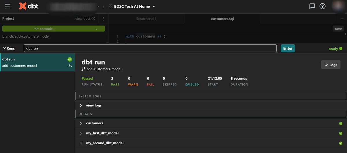 engr_krooozy's tweet photo. Day 1 of 30.
Starting out with dbt (data build tool) for Transformation in the ETL pipeline.
- Set up dbt and connected it to a data warehouse (BigQuery)
- Created a model.
#30daysofDE #Gdscfunaab #Techathome #30daysofcode https://t.co/ZKmFXToVQF