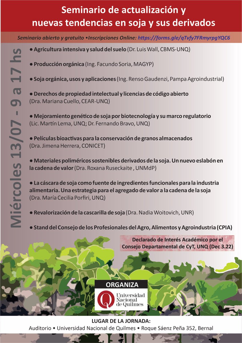 LuisWall59's tweet photo. Comparto una actividad académica de actualización pública y gratuita que organiza la Universidad Nacional de Quilmes, miércoles 13 de julio, presencial, en la sede Bernal de la UNQ, ver inscripción en flyer.@PSBUNQ @Agencia__UNQ @UNQoficial @AgriculturaAR @aapresid @Aapresid_PC https://t.co/flHm5EX1Go