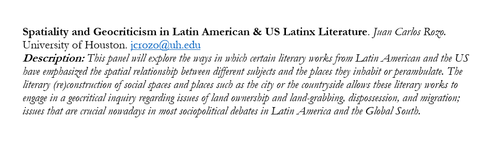 juancarlos_rozo's tweet photo. Colleagues, please consider participating in -or sharing the info abt- my panel for the RMMLA (Oct 13-15, 2022 - Albuquerque, NM). There's still a brief window of time to submit your abstract
#ecocriticism #geocriticism #spatiality #LatinAmericanLiterature #USLatinxLit #RMMLA2022 https://t.co/n8eMSDb6EK