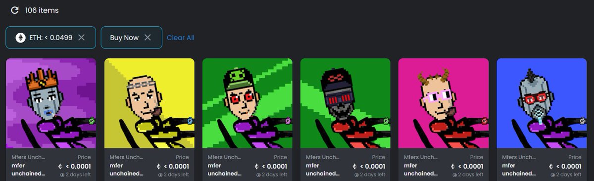 MfersUnchained's tweet photo. Was checking our floor for the first time to find out there are only 106 mfers to 0.05 👀🔥

#FreeMint is live at https://t.co/qrRFagsb4F

#NFTs #MfersUnchained https://t.co/hxV0dSdDrh