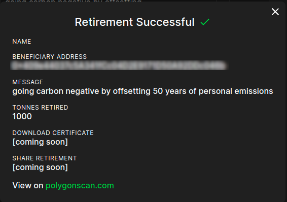 _davemacdonald's tweet photo. I'm officially carbon negative!

I retired 1000 tons of carbon offsets to cover 50 years of my own expected carbon footprint via the @KlimaDAO offset tool on Polygon
https://t.co/6HKEZlF0CL

Offsetting 1yr of footprint of an avg person in North America (20 tonnes/yr) is ~$52 https://t.co/UX1r54cdTd