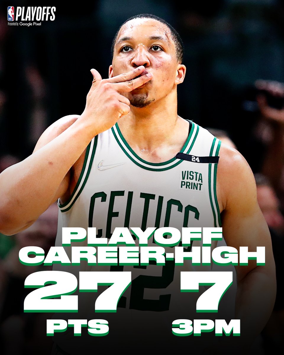 NBA's tweet photo. Grant Williams was HUGE in the @celtics Game 7 win! #BleedGreen 

☘️ 27 points *playoff career-high*
☘️ 7 3PM *playoff career-high*
☘️ The @celtics advance to the Eastern Conference Finals. https://t.co/wcAfBlxyXL