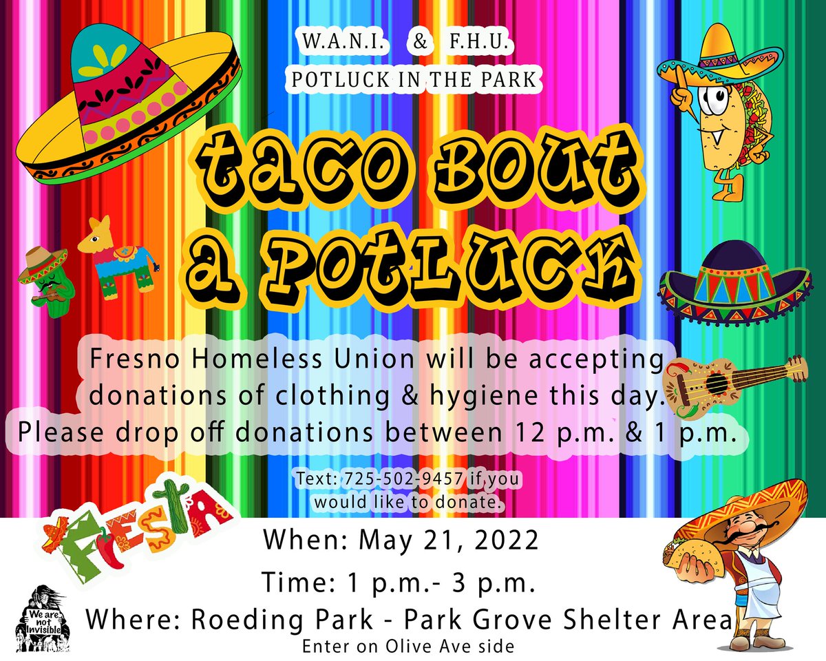 WeInvisible's tweet photo. Next Saturday🌮🌮🌮
#potluckinthepark #roedingpark #fresnoca #FHU✊🏾 #WANI #tacos https://t.co/rX0sA3zktz