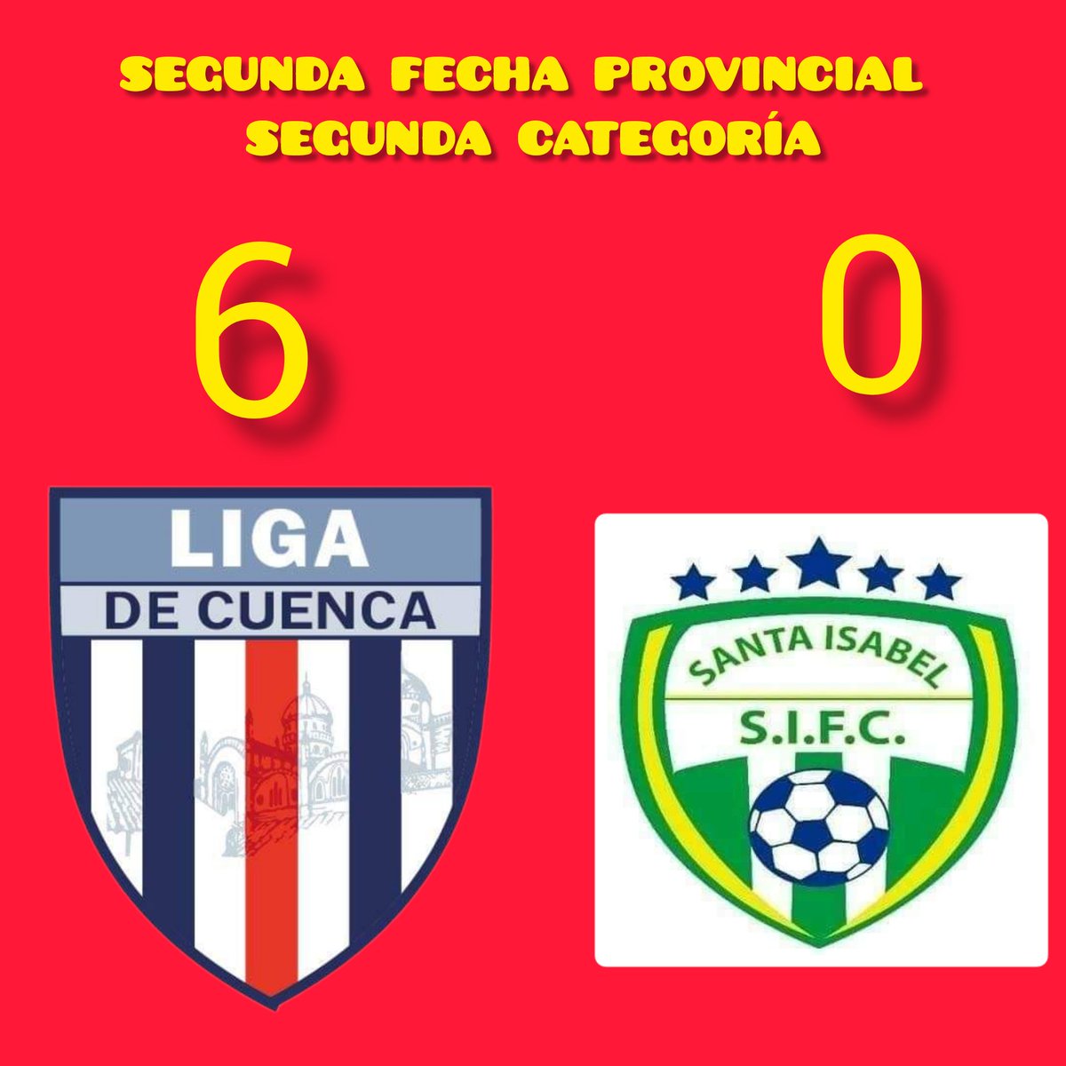 ismaelbritoc's tweet photo. Resultados Segunda Fecha del Provincial de Segunda Categoría en #Azuay.
#CuencaFC 1 - 2 #EstrellaRoja 
#Propaxis 0 - 4 #SanPedroPongo 
#AvicedFC 5 - 0 #SDCuartel 
#LigadeCuenca 6 - 0 #SantaIsabelFC
#SantaAnaSC 2 - 3 #TecniClub
Martes 17 a las 13:00
#Estudiantes vs #BaldorBermeo https://t.co/OHNr9tvaeW