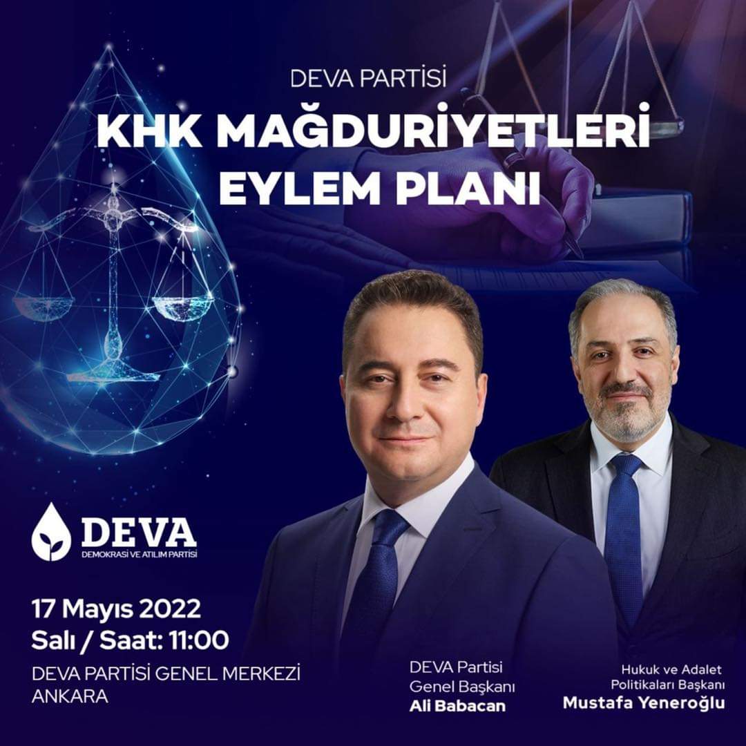 antakyayadeva's tweet photo. Genel Başkanımız @alibabacan ile Hukuk ve Adalet Politikaları Başkanımız @myeneroglu, 'OHAL KHK'larıyla İhraçlara ve Ceza Yargılamalarındaki Haksızlıklara Adalet’ için KHK Mağduriyetleri Eylem Planımızı açıklayacak.

📅 17 Mayıs Salı
⏰ 11.00
📍 DEVA Partisi Genel Merkezi https://t.co/svga9HIMdd