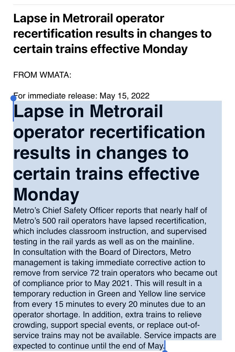 BREAK - Green and Yellow Line service delays likely tomorrow because Metro operators have not been going through proper training and safety refresher courses #wmata <a href="/nbcwashington/">NBC4 Washington</a>