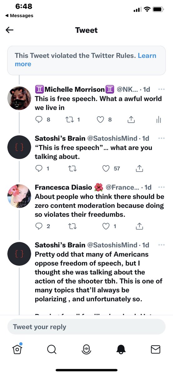 NKGypsyGrl's tweet photo. @SatoshisMind @TheTrentCannon @BNONews Hahah so much for my opinion. “This is free speech.” https://t.co/vcpfJuUsgh