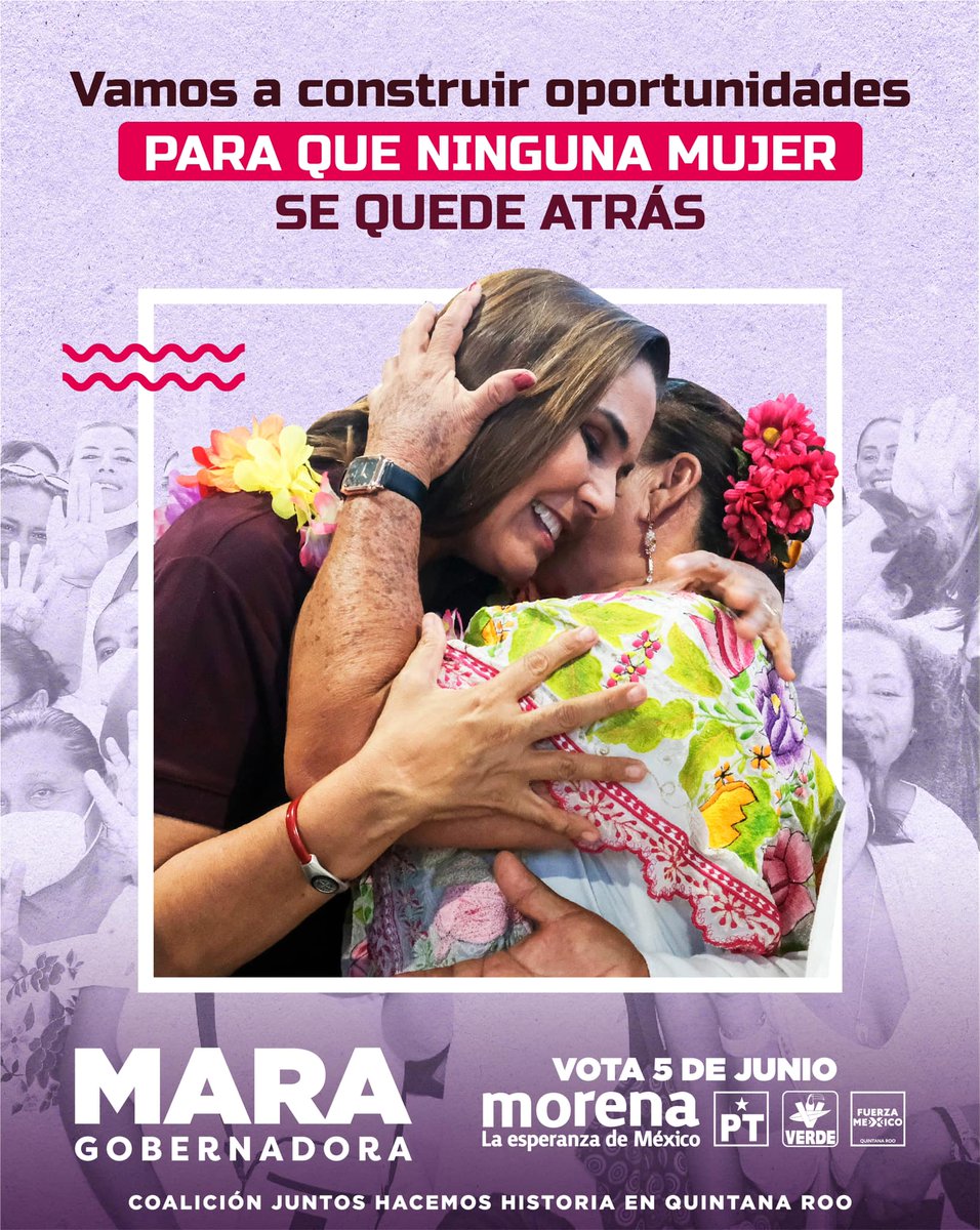 NBacalar's tweet photo. Es mi compromiso como gobernadora construir oportunidades para todas las mujeres de #QuintanaRoo. Con la llegada de la #CuartaTransformación el bienestar de la mujer es primero. Este 5 de junio ¡todas avanzamos parejo! #QueSigaLaEsperanza @MaraLezama #BenitoJuárez #Cancún #Morena https://t.co/Rj1cdrqIiN