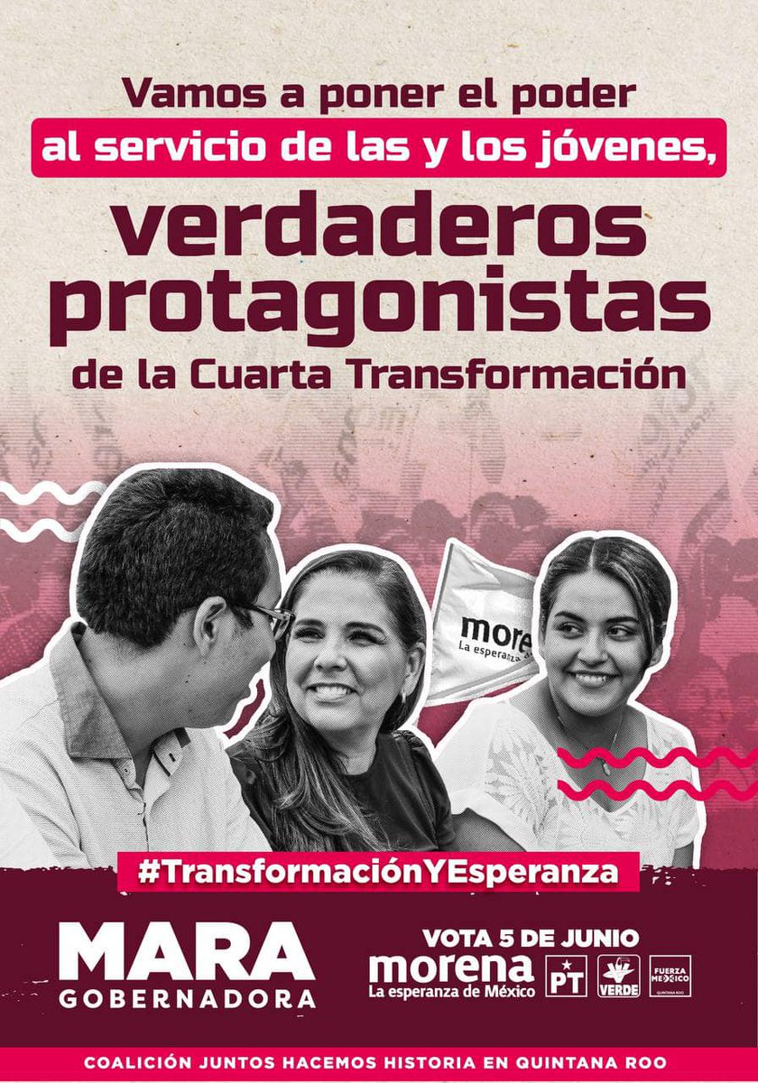 NBacalar's tweet photo. Necesitamos chavas y chavos con ideas revolucionarias que encabecen el cambio verdadero y nos ayuden a transformar #QuintanaRoo. Este 5 de junio las y los jóvenes, tienen el poder para cambiar la historia de nuestro estado. #QueSigaLaEsperanza @MaraLezama #BenitoJuárez #Cancún https://t.co/NpzuL63pdl