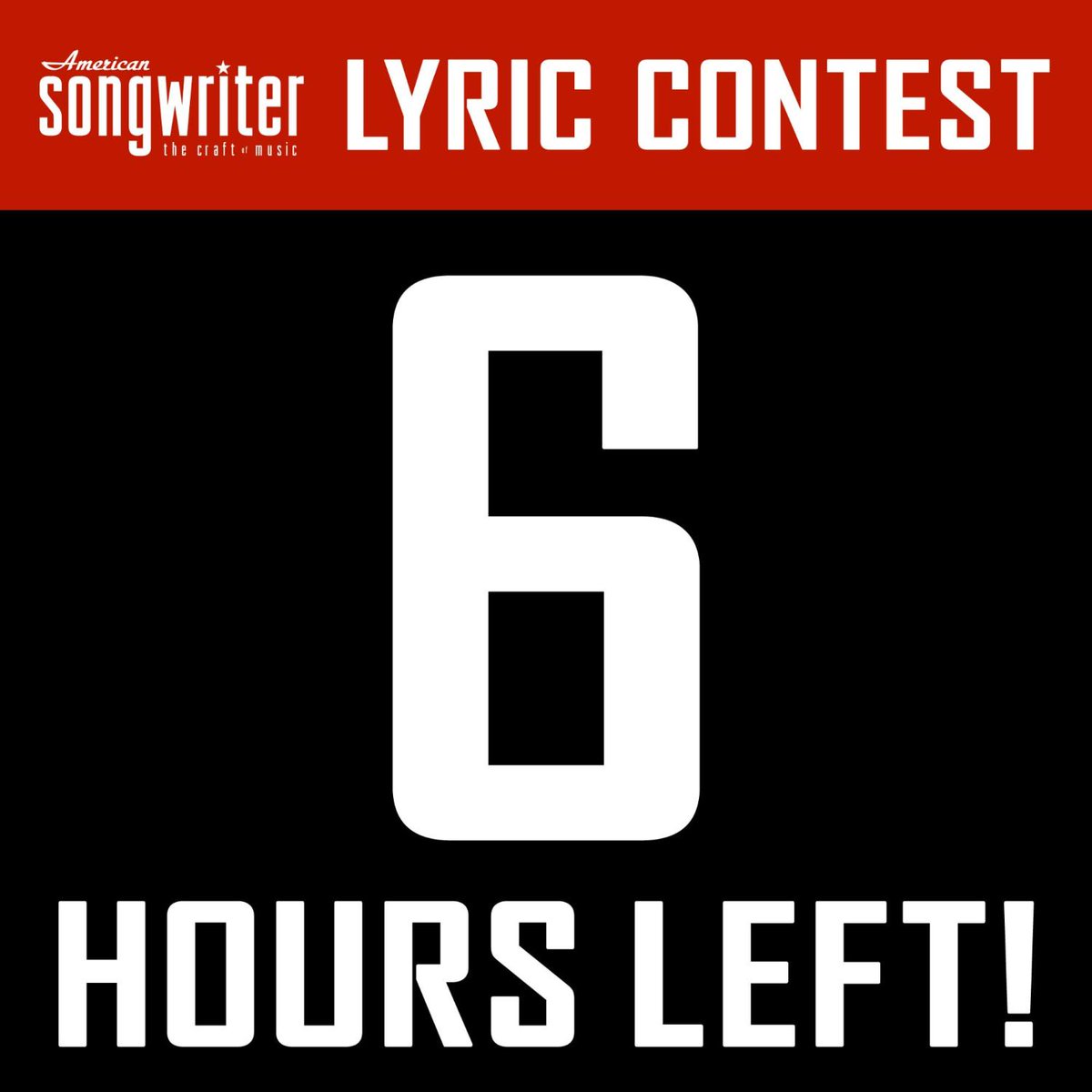 AmerSongwriter's tweet photo. ONLY 6 HOURS left to submit to the Lyric Contest! 🚨 Enter NOW 👉🏼 https://t.co/cqsGcBWOn5 #AmericanSongwriterContest #LyricContest #SongwriterContest https://t.co/DA7opovUVd