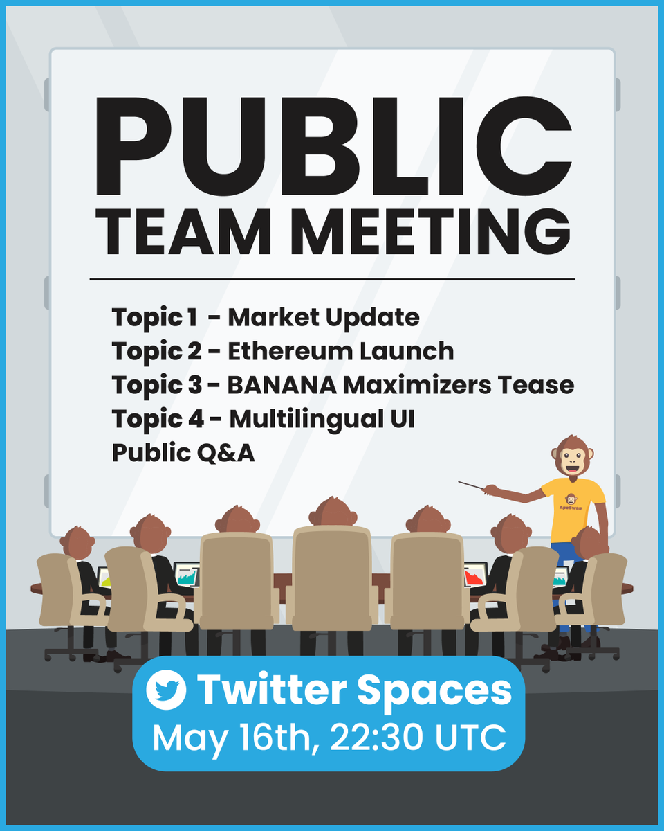 ApeBond's tweet photo. 📥 You're invited! 📥

Join the #ApeSwap bi-weekly public team meeting this coming Monday for the best way to stay in the loop. 

🌟Bonus: Every meeting we announce a juicy leak 
🗓 16th of May, at 22:30 UTC https://t.co/Z6OAQs3K7V