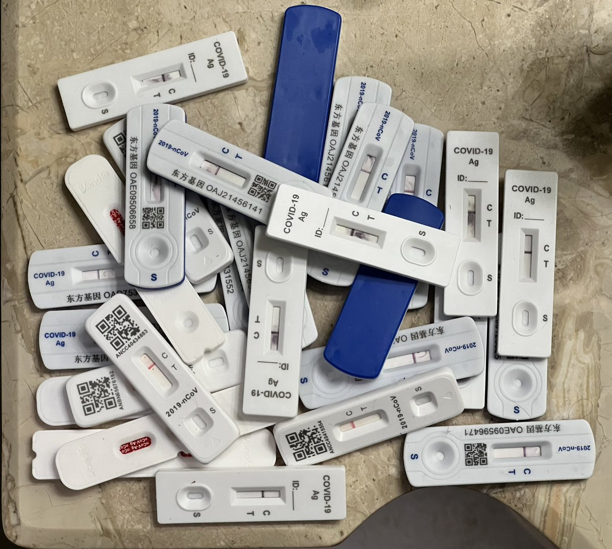 My antigen testing collage. 
Midway through the lockdown I started saving my rapid antigen cassettes in case I needed evidence.