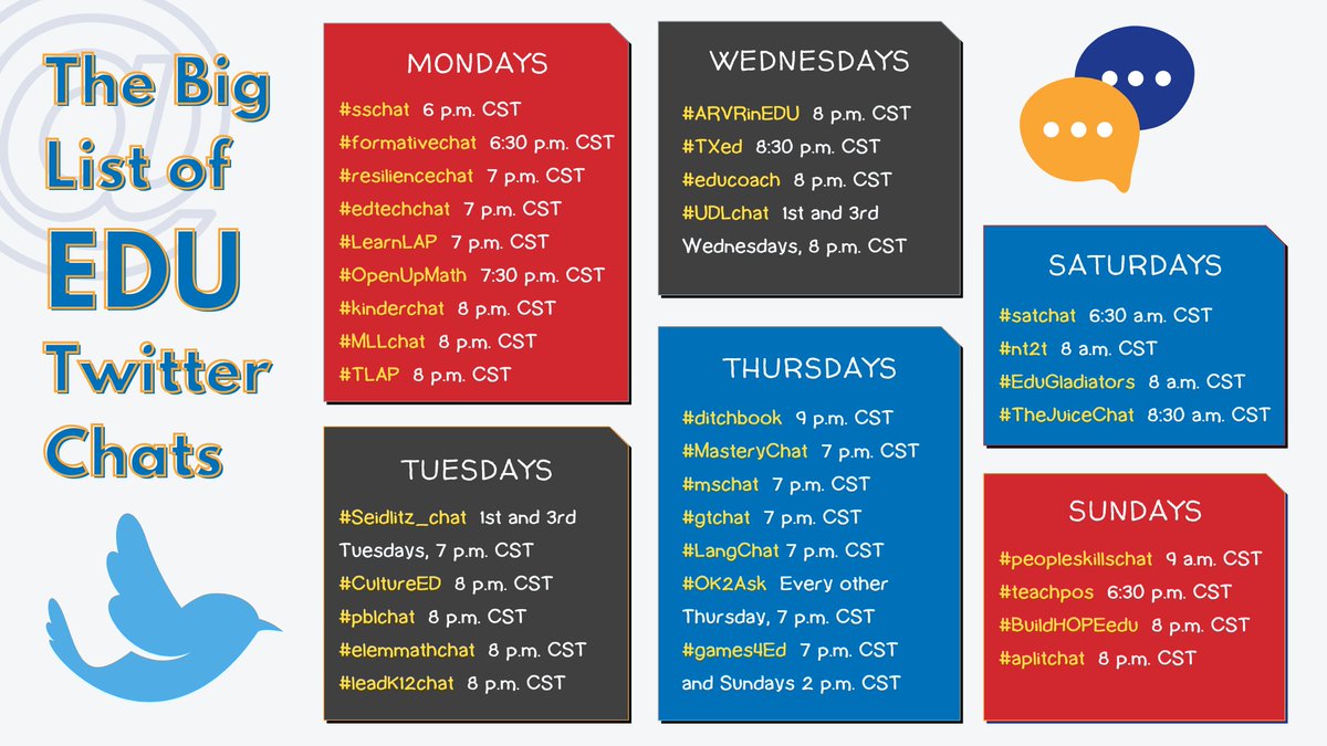 TCEA's tweet photo. The Big List of Educational Twitter Chats

https://t.co/A2bMtHIQML @sarathinkson
#edchat #edutwitter #education #learning https://t.co/jf8QO96H3X