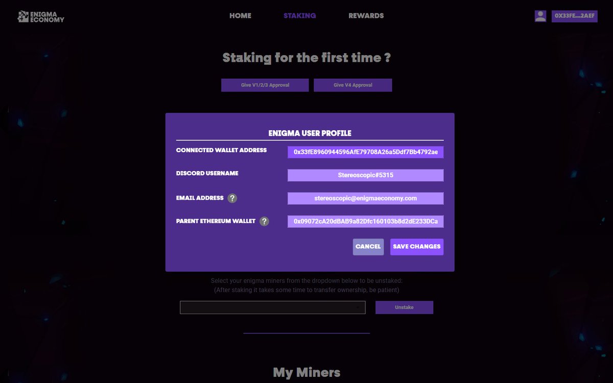 EnigmaECONOMY's tweet photo. [1/7]

WEBSITE USER PROFILES 🚨

An update to the website has now been deployed:
https://t.co/n3VOpKmWJ4

After signing you will notice 4 fields: Connected Wallet Address, Discord Username, Email Address and Parent Ethereum Wallet. https://t.co/nS4LotMzPP