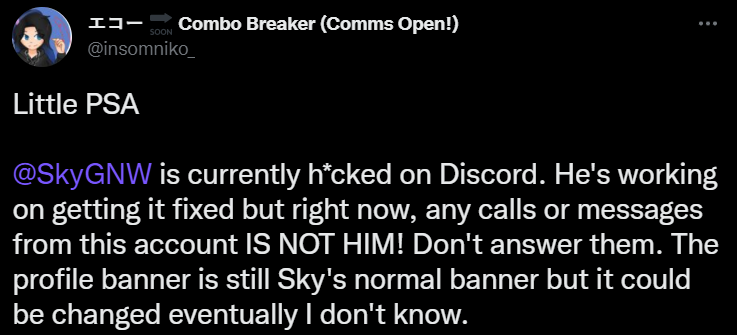 millenniumfgc's tweet photo. @brainluzz We were aware of Sky's discord account being hacked well in advance of these messages being sent out to anyone as both Sky himself as well as Echo reached out to inform their local scene and on Twitter that this had occurred. We figured it out well before you posted this tweet <3 https://t.co/D24CLj7cq9