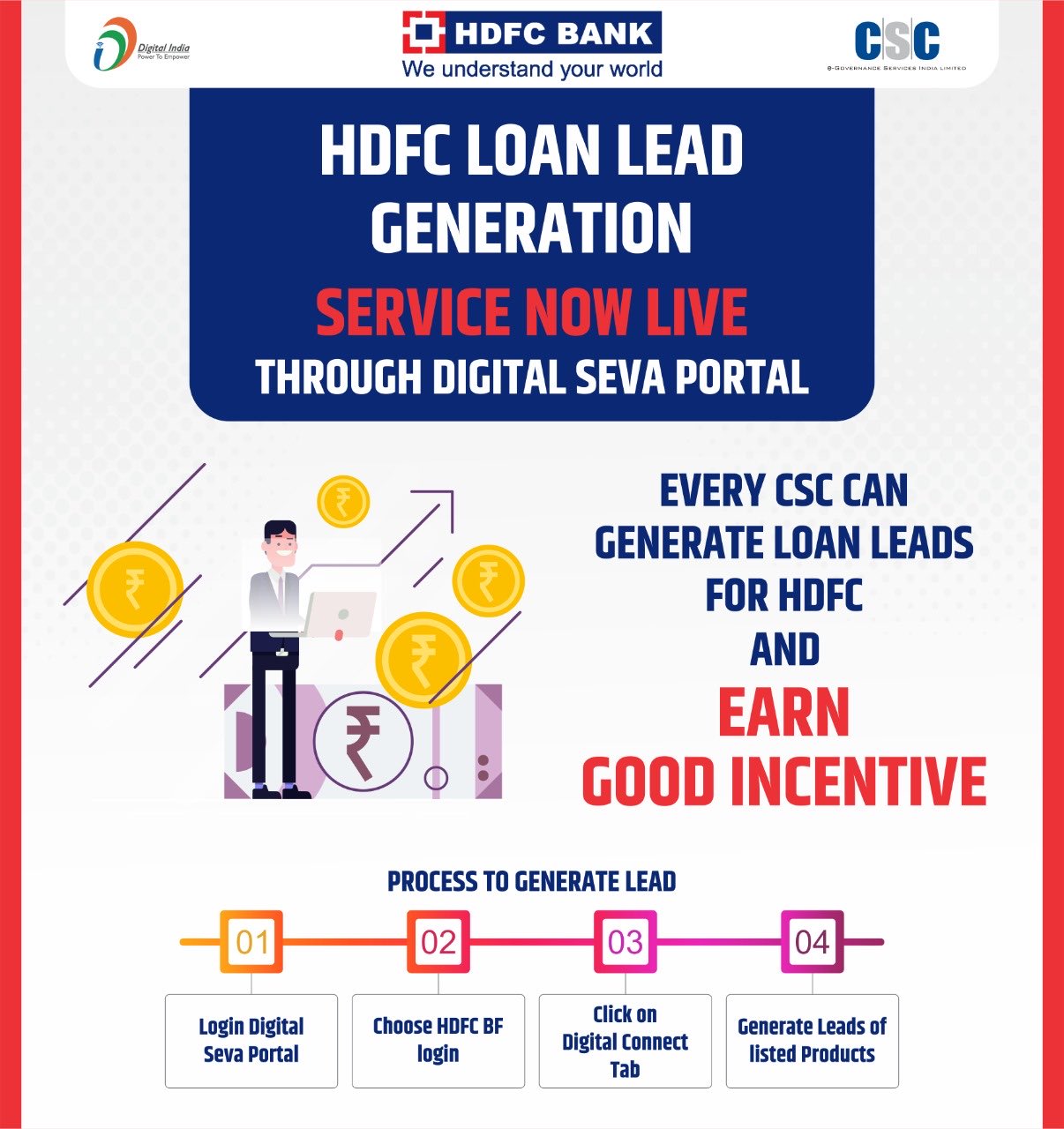 alarm sorg Ordsprog CSCeGov on X: "HDFC Loan Lead Generation Service Now Live Through Digital  Seva Portal... Every CSC Can Generate Loan Leads For #HDFC And Earn Good  Incentive... #CSC #DigitalIndia #RuralEmpowerment #mondaythoughts  #MondayMotivation #Mondayvibes
