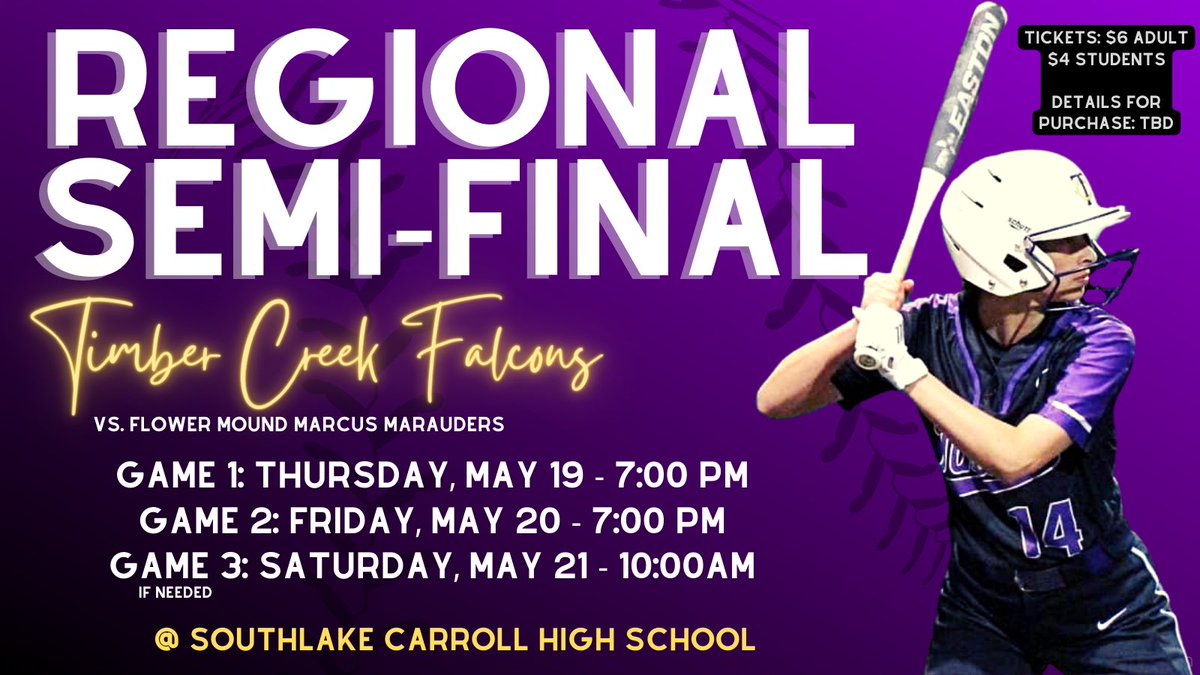 🚨Regional Semi-Final🚨

🗓 5/19-5/20-5/21*
🕧 7:00pm/7:00pm/if game 10:00am
🆚 FM Marcus HS
📍 Southlake, TX 
🏟 Dragon Softball Field- SLC HS
🎟 $6/$4 - Details TBD
📊 GameChanger.com
🏛 <a href="/KISDAthletics/">Keller ISD Athletics</a>