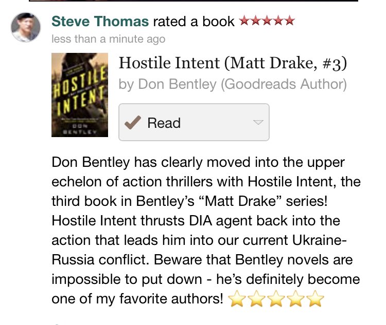 Orlando_AUTiger's tweet photo. Just finished #HostileIntent by @bentleydonb … and it is SUPERB! Love Don’s fantastic writing and his #MattDrake protagonist. Can’t wait for book #4!
@BestThrillBooks @CREWbookreviews @_NickPetrie_ @BradTaylorBooks @goodreads @ThrillerReviews @MTW_2021 @thrillerwriters https://t.co/xdZWsGuHWA
