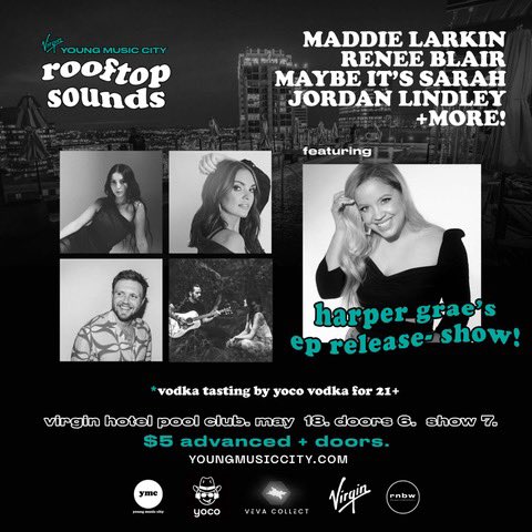 ROOFTOP SOUNDS. MAY 18. 🔥
<a href="/harpergraemusic/">Harper Grae 🌈</a> <a href="/ReneeBlairMusic/">Renee Blair</a> <a href="/lordanjindley/">Jordan Lindley</a> <a href="/MaddieLarkin/">Maddie Larkin</a> 🎟 youngmusiccity.com #Nashville #musiccity