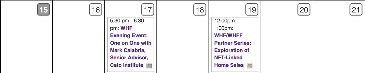 Another week and another opportunity to join <a href="/WHF_DC/">WHF_DC</a>  for exciting programs.  On Tuesday night join us for a one on one with <a href="/MarkCalabria/">Mark Calabria</a> and then on Thursday learn more about home purchases and NFTs.  whfdc.org/events/event_l… #finance #housing #events