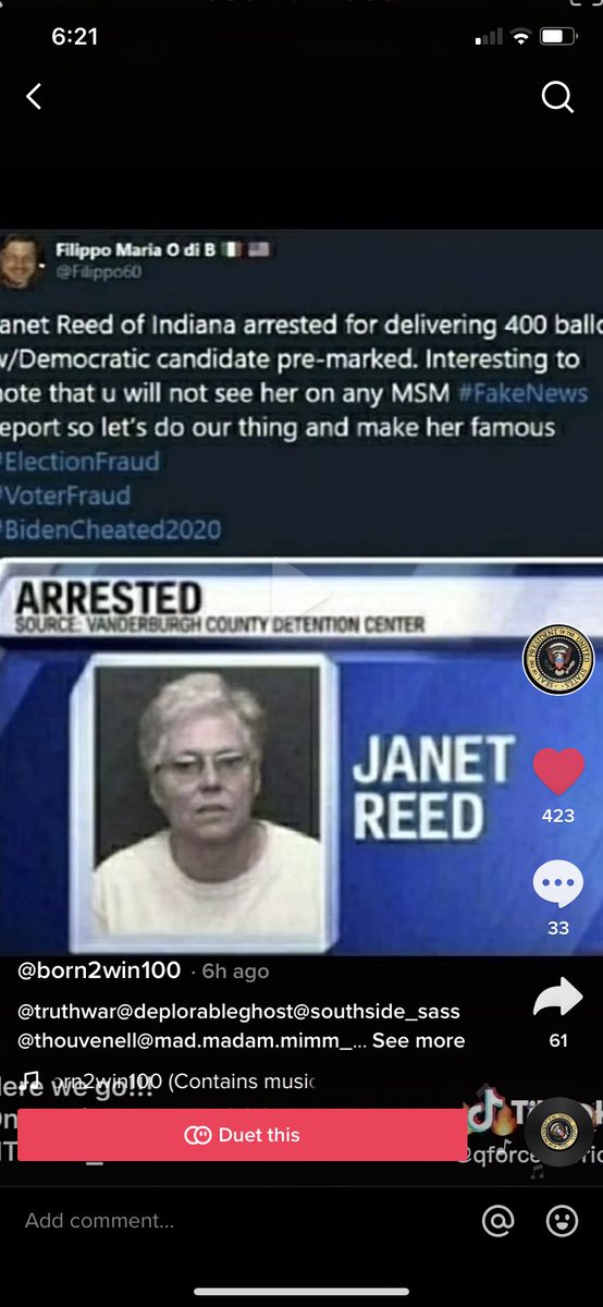 mindy_romano's tweet photo. 👀 And there’s this. Janet Reed of Indiana arrested for delivering 400 ballots w/Democratic candidate pre-marked. One mule down, at least 1,999 to go. I hope. #2000MulesMovie https://t.co/xp98Yq4nHJ