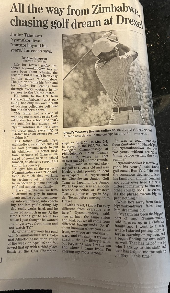 DrexelGolf's tweet photo. Great piece, thanks to @PhillyInquirer, on the unique journey of @TafadzwaNyamuk5 from Zimbabwe to University City! #DragonsLiterallyEverywhere #VamosTafa 🔥🔥

https://t.co/aoqc1hxl5x https://t.co/bgXeBQ2Z9k
