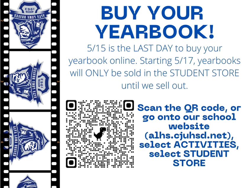 TODAY IS THE LAST DAY TO BUY YEARBOOKS ON LINE! Starting 5/17, yearbooks will only be sold at the student store until we sell out!<a href="/AltaLomaHigh/">Principal</a> <a href="/ALHS_ASB/">ALHS ASB</a>  @AltaLomaHigh <a href="/alhsdance/">✰ ALHS dance ✰</a> @AlhsDrama <a href="/alhsren/">Renaissance</a>